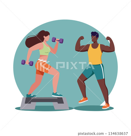 Fitness workout session with man and woman exercising with dumbbells and step platform in gym environment 134638637