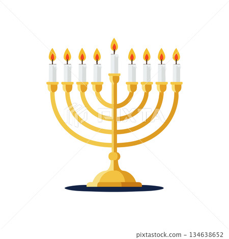 Hanukkah menorah with nine lit candles golden traditional Jewish holiday symbol vector illustration Hanukkah menorah with nine lit candles golden traditional Jewish holiday symbol vector illustration 134638652