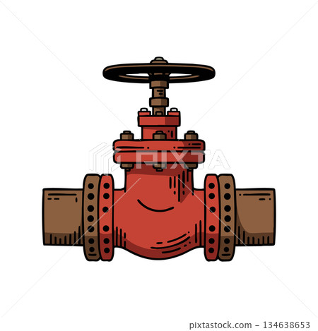 Industrial red water valve with brown pipes mechanical engineering and plumbing equipment vector illustration Industrial red water valve with brown pipes mechanical engineering and plumbing equipment vector illustration 134638653