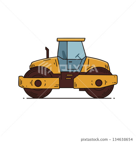 Construction road roller vehicle for compacting surfaces in building sites with yellow and brown colors Construction road roller vehicle for compacting surfaces in building sites with yellow and brown colors 134638654