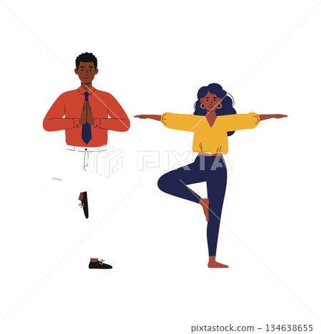 Man and woman practicing yoga balance poses together for health and wellness lifestyle activities vector illustration Man and woman practicing yoga balance poses together for health and wellness lifestyle activities vector illustration 134638655