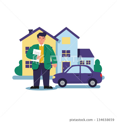 Real estate agent holding documents standing near car and colorful houses in suburban neighborhood vector illustration Real estate agent holding documents standing near car and colorful houses in suburban neighborhood vector illustration 134638659