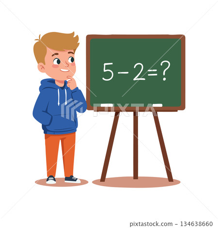 Boy thinking about math subtraction problem on green chalkboard in casual clothes vector illustration Boy thinking about math subtraction problem on green chalkboard in casual clothes vector illustration 134638660
