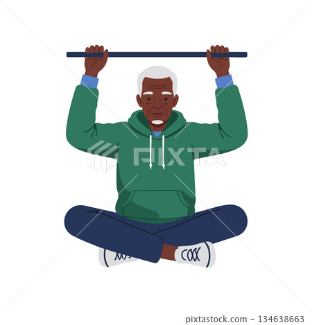 Man exercising with pull-up bar in green hoodie and navy pants sitting cross-legged performing fitness routine Man exercising with pull-up bar in green hoodie and navy pants sitting cross-legged performing fitness routine 134638663