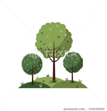 Three green trees on grassy hill vector illustration with nature and environment theme in flat style Three green trees on grassy hill vector illustration with nature and environment theme in flat style 134638668