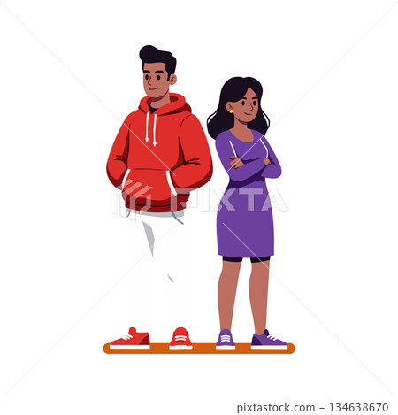 Young man in red hoodie and woman in purple dress standing side by side casual vector illustration 134638670