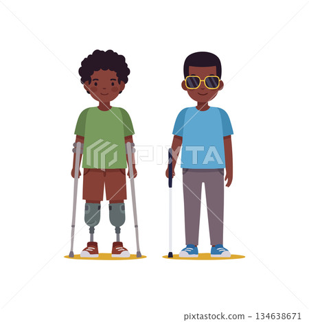 Boys with prosthetic legs and crutches supporting mobility and independence in daily life vector illustration 134638671