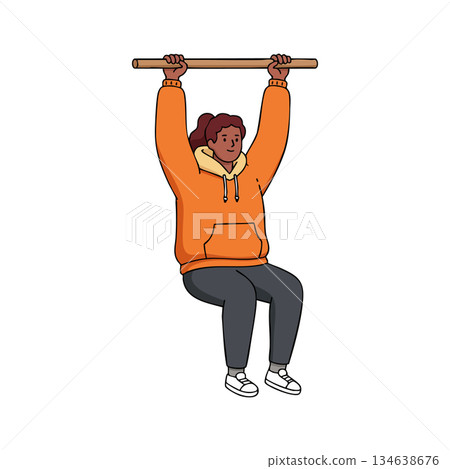 Woman hanging from horizontal bar exercising strength and fitness in casual hoodie and pants natural lifestyle vector illustration 134638676