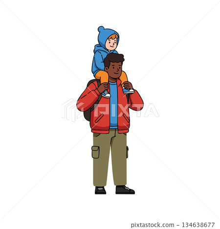 Father carrying son on shoulders in casual winter clothing with backpack and blue hat vector illustration 134638677