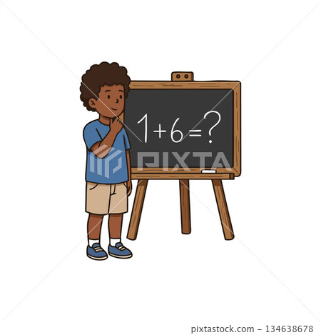 Boy thinking about simple math addition problem on classroom chalkboard learning education concept vector illustration 134638678