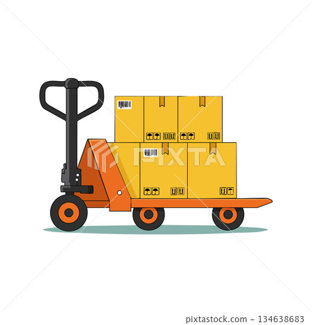 Hand pallet truck loaded with cardboard boxes for warehouse transport and logistics operations vector illustration Hand pallet truck loaded with cardboard boxes for warehouse transport and logistics operations vector illustration 134638683