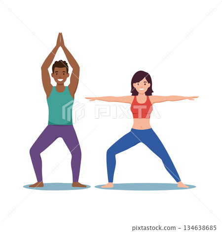 Diverse couple practicing yoga poses together for fitness and wellness healthy lifestyle vector illustration Diverse couple practicing yoga poses together for fitness and wellness healthy lifestyle vector illustration 134638685