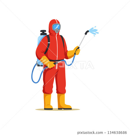 Person in protective red suit spraying disinfectant with hose vector illustration for safety and cleaning purposes 134638686