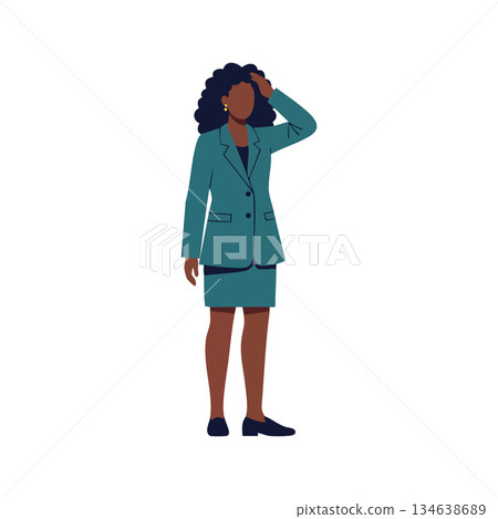 Professional African American woman in teal business suit standing thinking pose vector illustration 134638689
