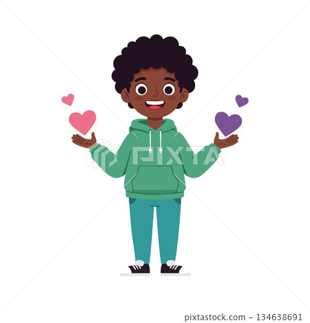 Happy African American boy in green hoodie holding pink and purple hearts smiling cheerful vector illustration 134638691