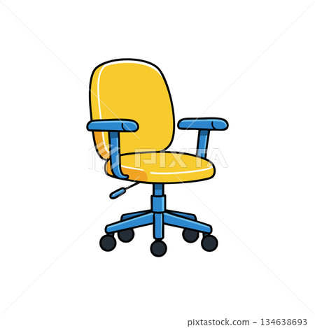 Yellow ergonomic office chair with blue armrests and wheels vector illustration for workspace comfort and design Yellow ergonomic office chair with blue armrests and wheels vector illustration for workspace comfort and design 134638693