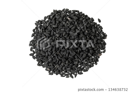 Nigella sativa or Black cumin isolated on white background. Top view. Flat lay Nigella sativa or Black cumin isolated on white background. Top view. Flat lay 134638732
