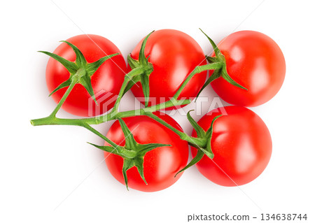 Cherry tomato bunch closeup isolated on white background. Top view. Flat lay Cherry tomato bunch closeup isolated on white background. Top view. Flat lay 134638744