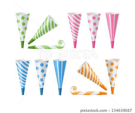 Pipe horn for parties. Colorful horns and pipes for parties. A festive accessory. Party supplies. Vector illustration 134639087
