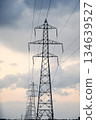 A row of power transmission towers stretching endlessly into the cloudy sky 134639527