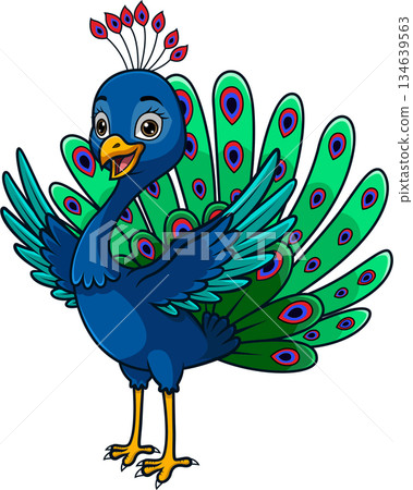 Happy Cartoon Peacock with Vibrant Feathers Happy Cartoon Peacock with Vibrant Feathers 134639563