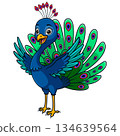 Happy Cartoon Peacock with Vibrant Feathers 134639564