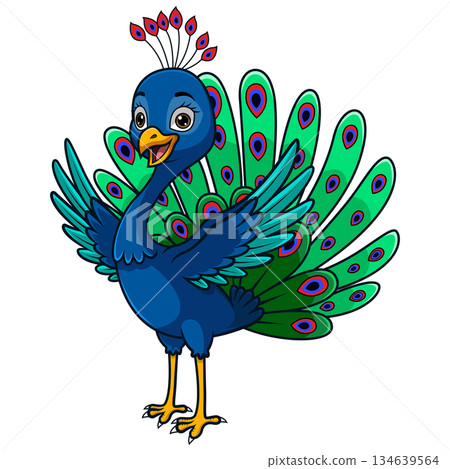 Happy Cartoon Peacock with Vibrant Feathers Happy Cartoon Peacock with Vibrant Feathers 134639564