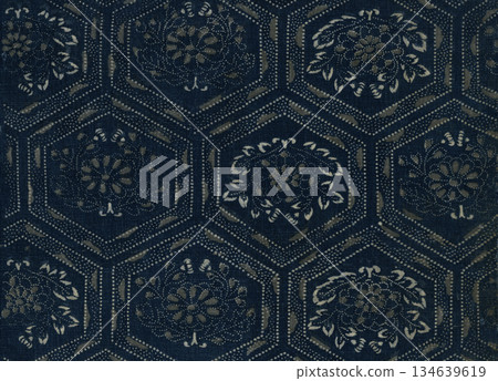 Traditional Japanese "katazome" chrysanthemum and tortoiseshell pattern, retro indigo dye Japan blue Traditional Japanese "katazome" chrysanthemum and tortoiseshell pattern, retro indigo dye Japan blue 134639619