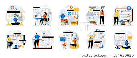 Software development web concept with people scenes mega set in flat design. Bundle of character situations with program and apps creating, engineering and optimization products. Vector illustrations. Software development web concept with people scenes mega set in flat design. Bundle of character situations with program and apps creating, engineering and optimization products. Vector illustrations. 134639629