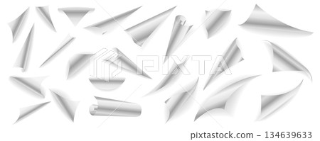 Page bent edges mega set in flat graphic design. Collection elements of different white curling papers corners effect, flipping book page folds, empty rolled document borders. Vector illustration. 134639633