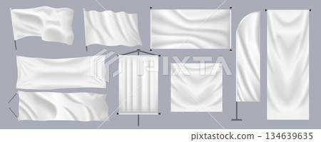 Realistic textile banners mega set in flat graphic design. Bundle elements of different shapes of empty white flags, hanging posters, promotion sheets with poles. Vector illustration isolated objects 134639635