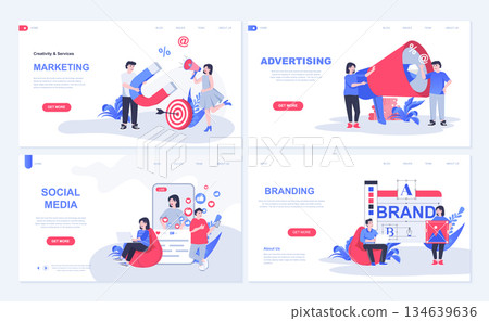 Marketing and advertising web concept for landing page in flat design. Social media promotion, branding and business identity, e-commerce. Vector illustration with people characters for homepage Marketing and advertising web concept for landing page in flat design. Social media promotion, branding and business identity, e-commerce. Vector illustration with people characters for homepage 134639636