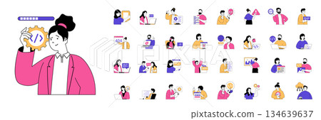 Programming concept with character situations mega set in flat web design. Bundle of scenes people coding and engineering programs, searching bugs, testing and make optimization. Vector illustrations. Programming concept with character situations mega set in flat web design. Bundle of scenes people coding and engineering programs, searching bugs, testing and make optimization. Vector illustrations. 134639637