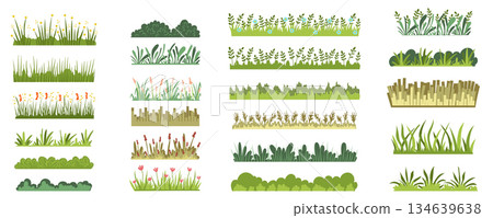 Green grass with flowers mega set in flat graphic design. Collection elements of meadow herbal horizontal layers with variative wildflowers, bushes and leaves for landscape. Vector illustration. 134639638