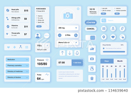 User interface elements set for Medical mobile app or web. Kit template with HUD, online pharmacy, pills medication, purchase, doctor consultation, statistic. Pack of UI, UX, GUI. Vector components. 134639640