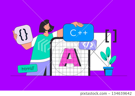 App development concept in modern flat design for web. Woman creating user interface layout, programming and coding mobile products. Vector illustration for social media banner, marketing material. App development concept in modern flat design for web. Woman creating user interface layout, programming and coding mobile products. Vector illustration for social media banner, marketing material. 134639642