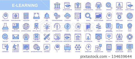 E-learning web icons set in duotone outline stroke design. Pack pictograms with university, online education, audio book, video lesson, learning, course, stream, network, podcast. Vector illustration. E-learning web icons set in duotone outline stroke design. Pack pictograms with university, online education, audio book, video lesson, learning, course, stream, network, podcast. Vector illustration. 134639644