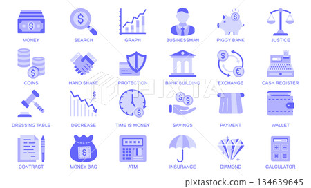 Business and finance web icons set in duotone flat design. Pack pictograms with money, graph, businessman, piggy bank, justice, coins, handshake, exchange, cash, diamond, other. Vector illustration. Business and finance web icons set in duotone flat design. Pack pictograms with money, graph, businessman, piggy bank, justice, coins, handshake, exchange, cash, diamond, other. Vector illustration. 134639645