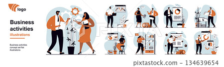 Business activities concept with people scenes mega set in flat web design. Bundle of character situation with discussing tasks, analyze data, develop project, create strategy. Vector illustrations. 134639654