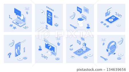 Customer support 3d isometric concept set with isometric icons design for web. Collection of clients chat or call, solving problems online, technical solution center with feedback. Vector illustration 134639656