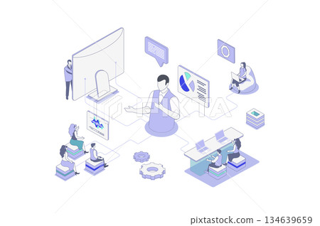 Business training isometric concept in outline isometry design for web. People listening success coach webinar with presentation, improving and developing professional skills. Vector illustration. 134639659