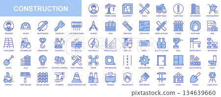 Construction web icons set in duotone outline stroke design. Pack pictograms with builder, tower crane, blueprint, tool, dump truck, skyscraper, wheelbarrow, engineer, house, key. Vector illustration. 134639660