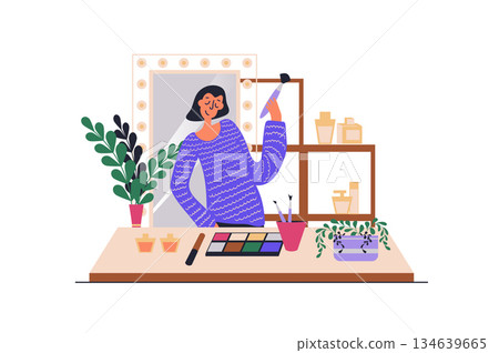 Makeup routine web concept with people scene in flat design. Woman makes glamour makeover using brush and eyeshadow cosmetics standing near mirror. Vector illustration with character situation for web Makeup routine web concept with people scene in flat design. Woman makes glamour makeover using brush and eyeshadow cosmetics standing near mirror. Vector illustration with character situation for web 134639665