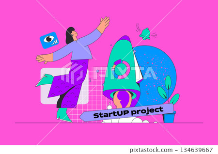 Startup project concept in modern flat design for web. Woman entrepreneur creating and launching new business, investing in company. Vector illustration for social media banner, marketing material. 134639667