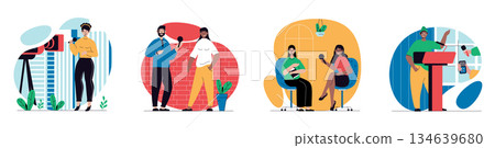 Journalism concept with people scenes set in flat web design. Bundle of character situations with reporters and journalists with microphones works in mass media, news tv shows. Vector illustrations. 134639680