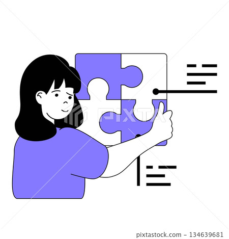Teamwork concept with cartoon people in flat design for web. Woman working in office, solving puzzle project and doing tasks in team. Vector illustration for social media banner, marketing material. 134639681