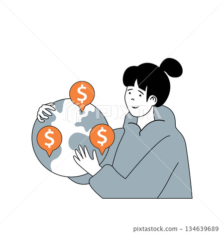 Business and finance concept with cartoon people in flat design for web. Woman developing global e-business with internet payments. Vector illustration for social media banner, marketing material. 134639689