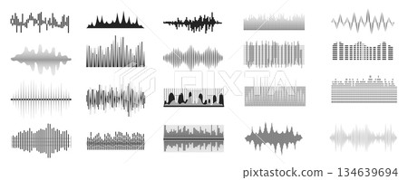 Sound waves mega set in flat graphic design. Bundle elements of abstract black lines radio frequency, audio waveforms, music equalizer, volume tunes levels, other. Vector illustration isolated objects Sound waves mega set in flat graphic design. Bundle elements of abstract black lines radio frequency, audio waveforms, music equalizer, volume tunes levels, other. Vector illustration isolated objects 134639694