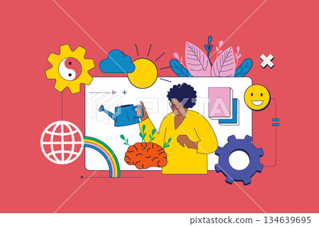 Mental health concept in flat neo brutalism design for web. Woman cares about es brain and emotions, supporting herself for happy. Vector illustration for social media banner, marketing material. 134639695