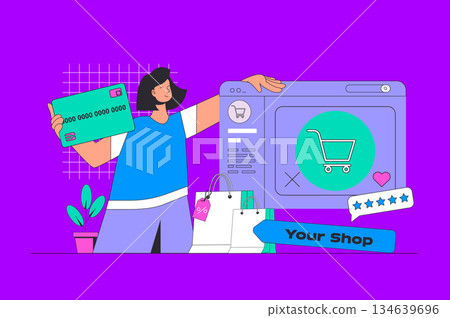 Shopping concept in modern flat design for web. Woman making purchases online, ordering products, paying with credit card, gets gifts. Vector illustration for social media banner, marketing material. Shopping concept in modern flat design for web. Woman making purchases online, ordering products, paying with credit card, gets gifts. Vector illustration for social media banner, marketing material. 134639696